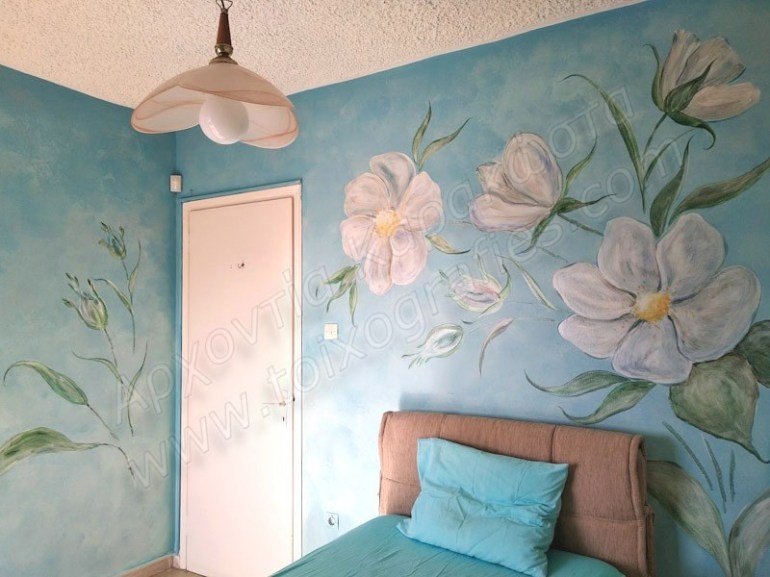 ζωγραφική τοίχου εφηβικού δωματίου, τοιχογραφία λουλούδια, ταπετσαρίες τοίχου